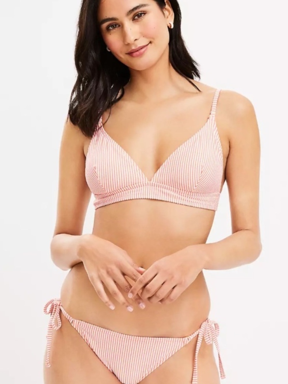 LOFT coral pink and White Striped Seersucker Bikini Set